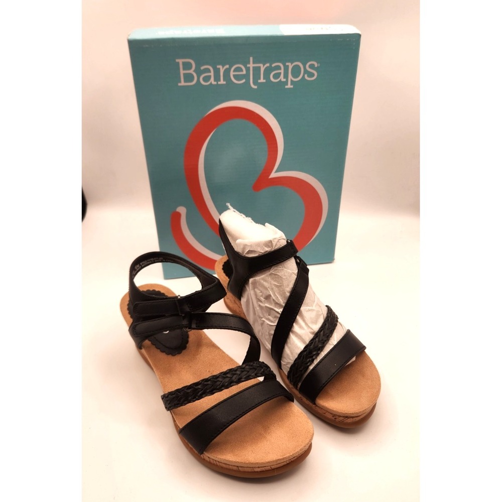 Baretraps Sandals Women 6 M Finna Ankle Strap Black Faux Leather Wedge Heels NEW